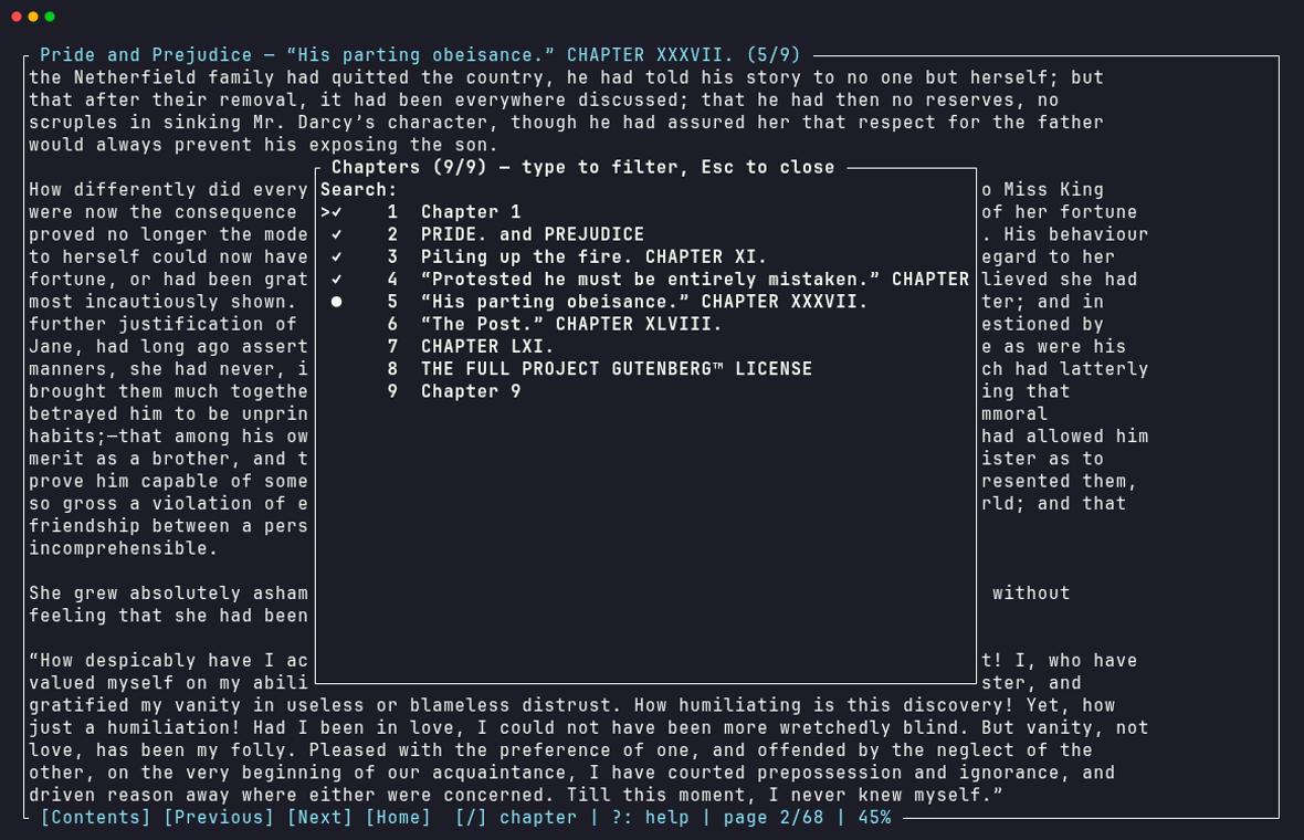 Table of contents popup with filter