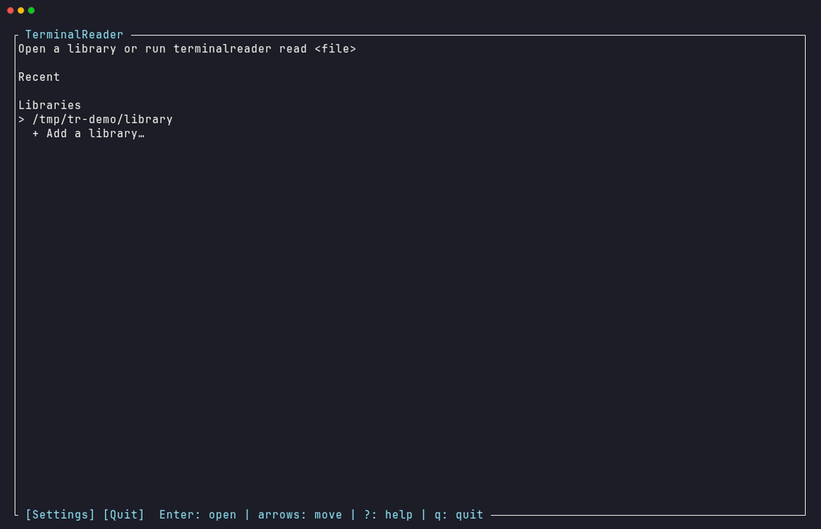 Animated demo: browsing a library and reading Pride and Prejudice in TerminalReader