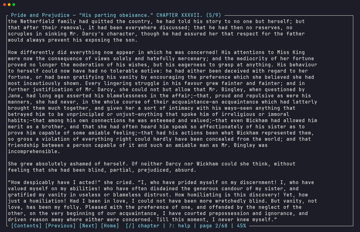 Reader view showing justified text of Pride and Prejudice